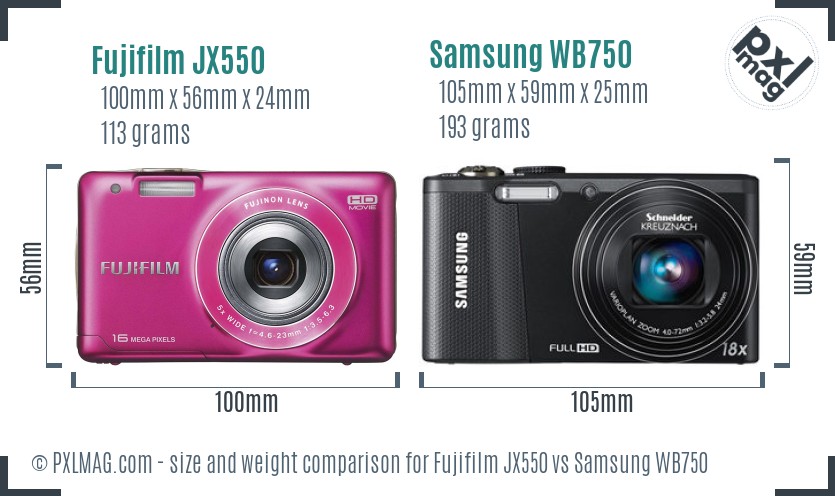 Fujifilm JX550 vs Samsung WB750 size comparison