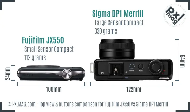 Fujifilm JX550 vs Sigma DP1 Merrill top view buttons comparison Fujifilm JX550 vs Sigma DP1 Merrill top view buttons comparison