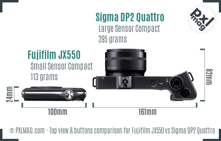 Fujifilm JX550 vs Sigma DP2 Quattro top view buttons comparison Fujifilm JX550 vs Sigma DP2 Quattro top view buttons comparison