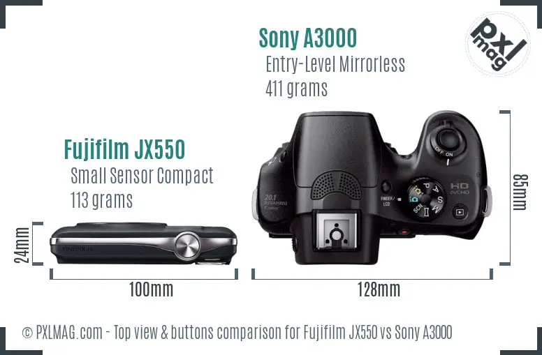 Fujifilm JX550 vs Sony A3000 top view buttons comparison