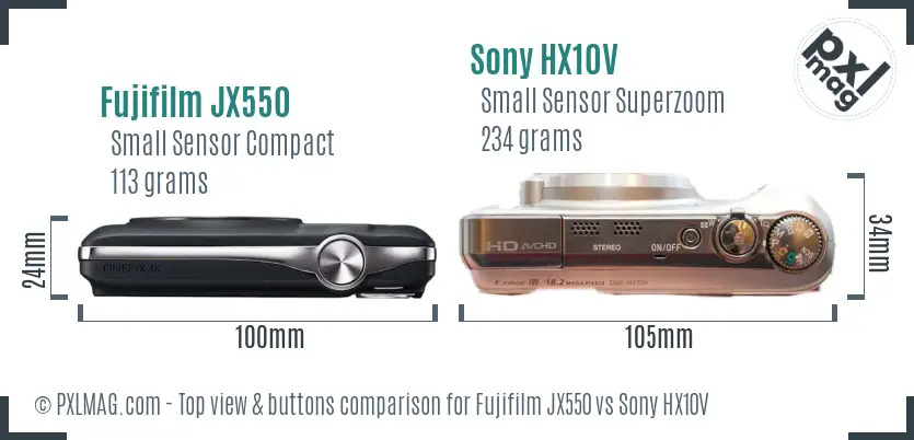 Fujifilm JX550 vs Sony HX10V top view buttons comparison Fujifilm JX550 vs Sony HX10V top view buttons comparison
