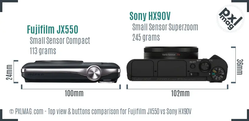 Fujifilm JX550 vs Sony HX90V top view buttons comparison