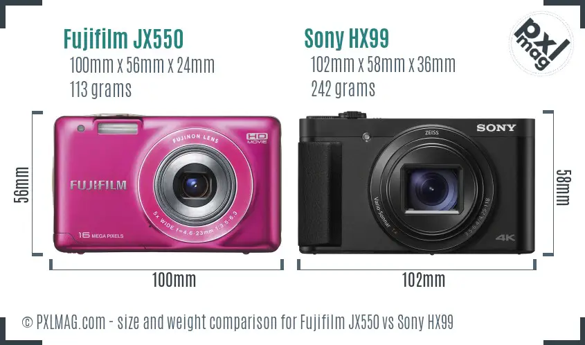 Fujifilm JX550 vs Sony HX99 size comparison