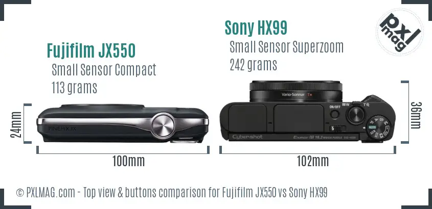 Fujifilm JX550 vs Sony HX99 top view buttons comparison