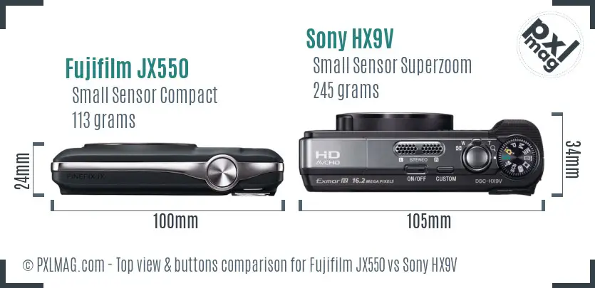 Fujifilm JX550 vs Sony HX9V top view buttons comparison Fujifilm JX550 vs Sony HX9V top view buttons comparison