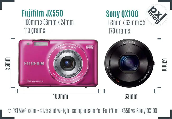 Fujifilm JX550 vs Sony QX100 size comparison