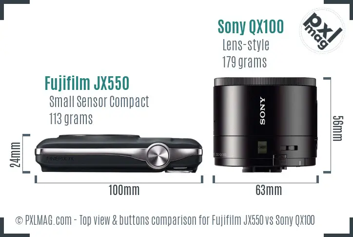 Fujifilm JX550 vs Sony QX100 top view buttons comparison