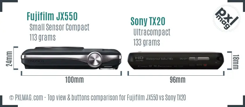 Fujifilm JX550 vs Sony TX20 top view buttons comparison