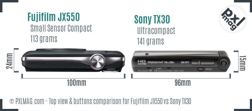 Fujifilm JX550 vs Sony TX30 top view buttons comparison
