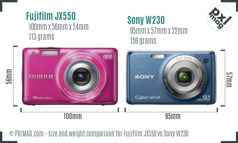 Fujifilm JX550 vs Sony W230 size comparison