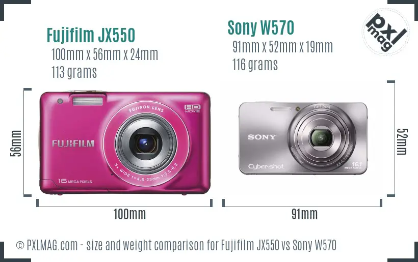 Fujifilm JX550 vs Sony W570 size comparison