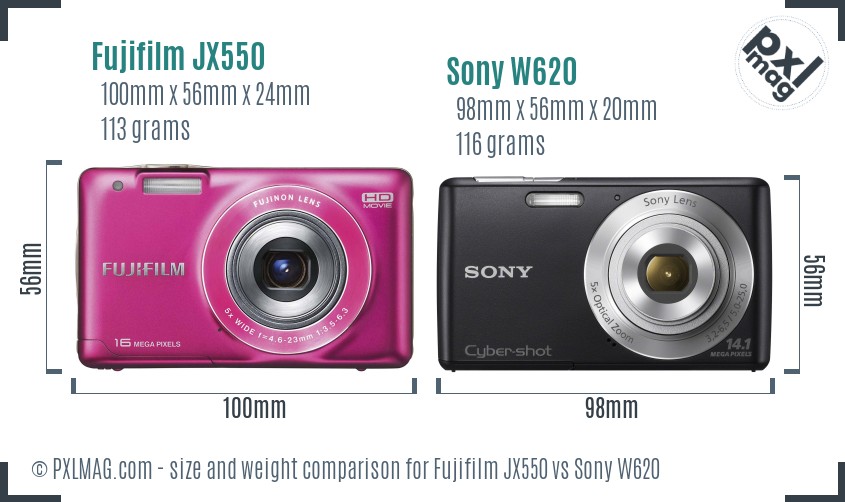 Fujifilm JX550 vs Sony W620 size comparison