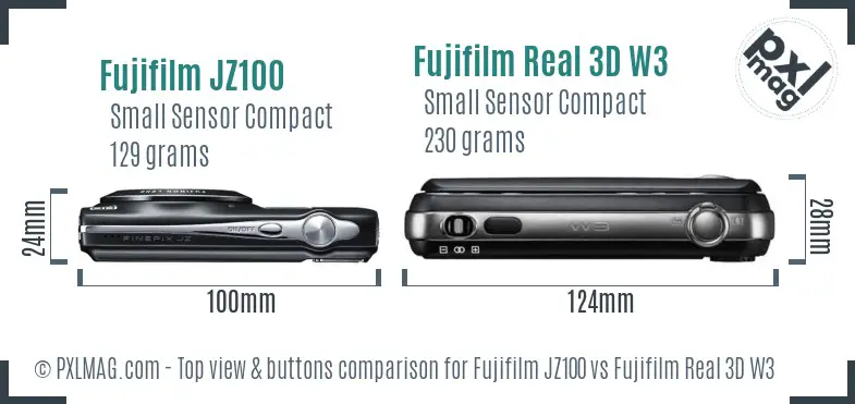 Fujifilm JZ100 vs Fujifilm Real 3D W3 top view buttons comparison