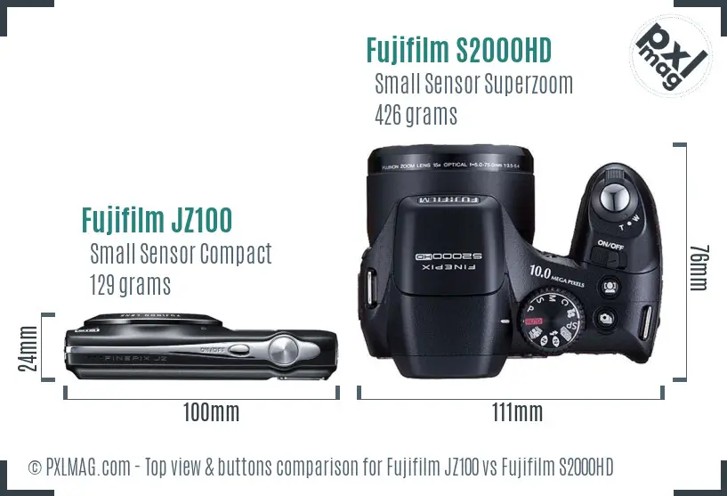 Fujifilm JZ100 vs Fujifilm S2000HD top view buttons comparison Fujifilm JZ100 vs Fujifilm S2000HD top view buttons comparison