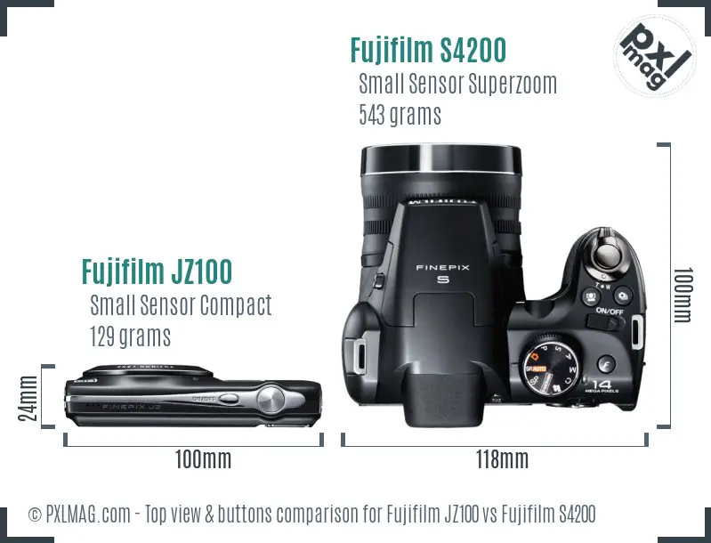 Fujifilm JZ100 vs Fujifilm S4200 top view buttons comparison