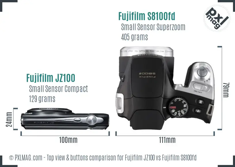 Fujifilm JZ100 vs Fujifilm S8100fd top view buttons comparison