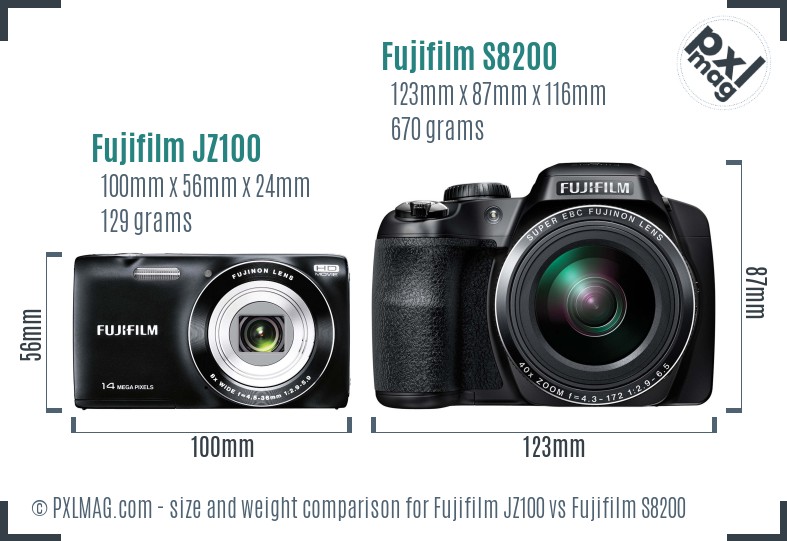 Fujifilm JZ100 vs Fujifilm S8200 size comparison Fujifilm JZ100 vs Fujifilm S8200 size comparison