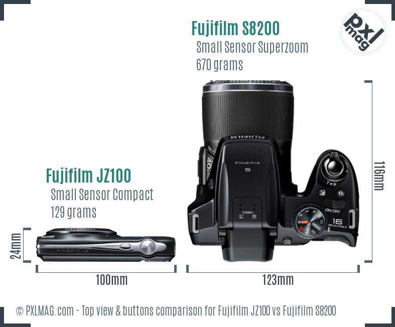 Fujifilm JZ100 vs Fujifilm S8200 top view buttons comparison