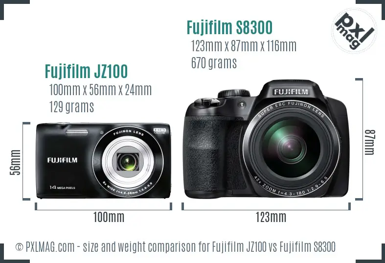 Fujifilm JZ100 vs Fujifilm S8300 size comparison