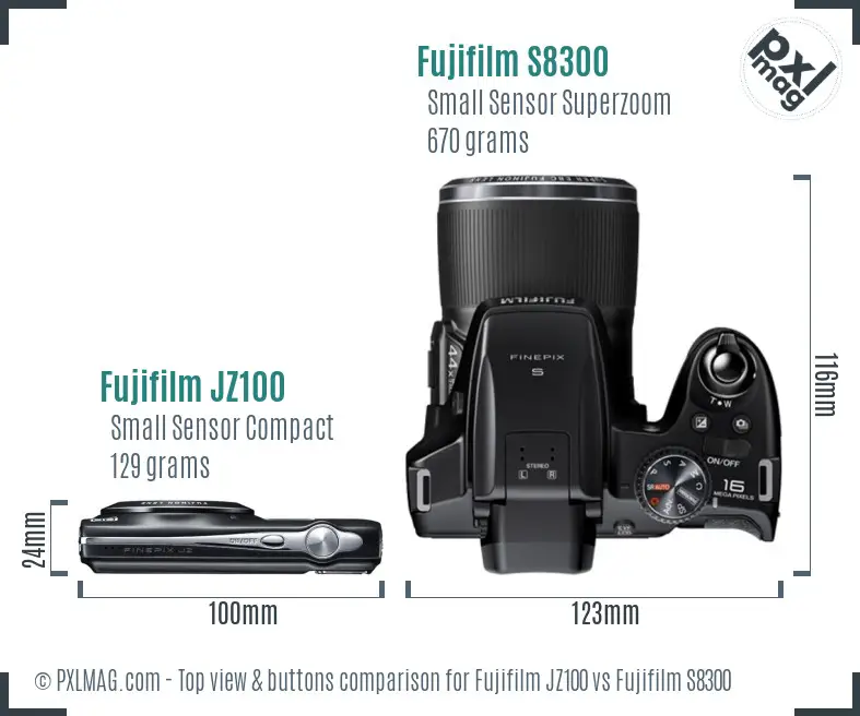 Fujifilm JZ100 vs Fujifilm S8300 top view buttons comparison
