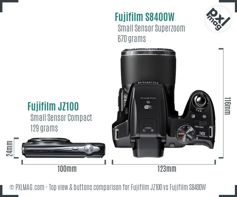 Fujifilm JZ100 vs Fujifilm S8400W top view buttons comparison