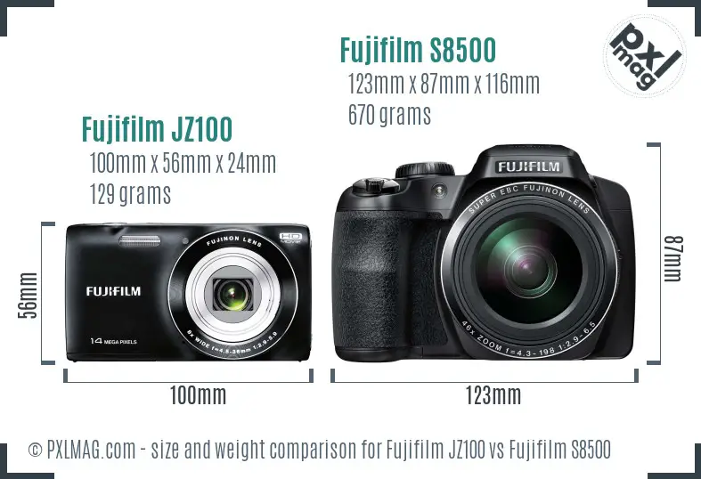 Fujifilm JZ100 vs Fujifilm S8500 size comparison Fujifilm JZ100 vs Fujifilm S8500 size comparison