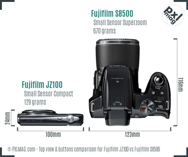 Fujifilm JZ100 vs Fujifilm S8500 top view buttons comparison Fujifilm JZ100 vs Fujifilm S8500 top view buttons comparison