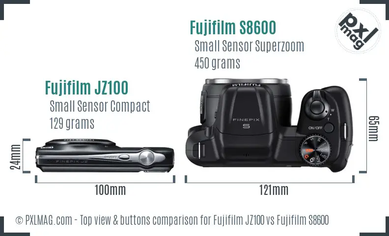 Fujifilm JZ100 vs Fujifilm S8600 top view buttons comparison Fujifilm JZ100 vs Fujifilm S8600 top view buttons comparison