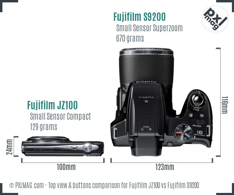 Fujifilm JZ100 vs Fujifilm S9200 top view buttons comparison