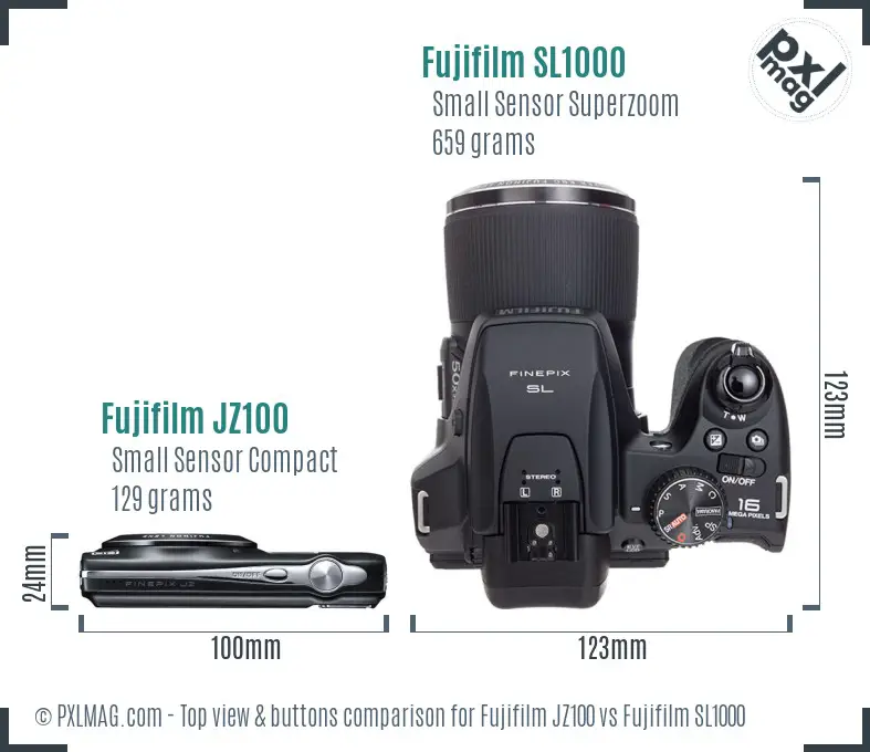 Fujifilm JZ100 vs Fujifilm SL1000 top view buttons comparison Fujifilm JZ100 vs Fujifilm SL1000 top view buttons comparison