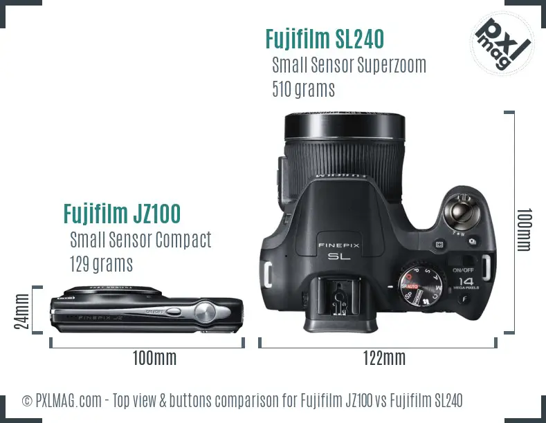 Fujifilm JZ100 vs Fujifilm SL240 top view buttons comparison Fujifilm JZ100 vs Fujifilm SL240 top view buttons comparison