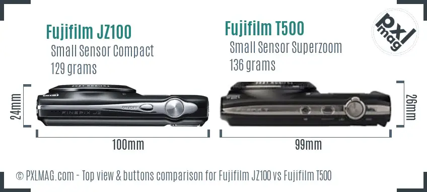 Fujifilm JZ100 vs Fujifilm T500 top view buttons comparison