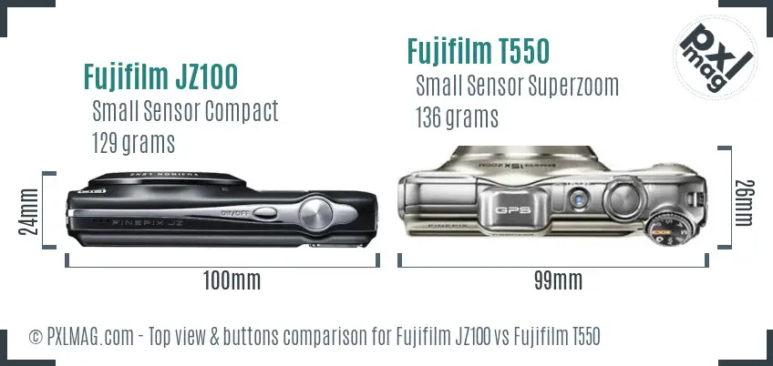 Fujifilm JZ100 vs Fujifilm T550 top view buttons comparison