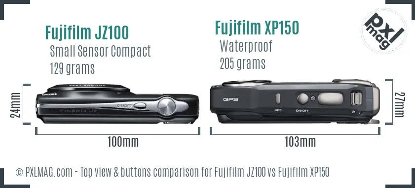 Fujifilm JZ100 vs Fujifilm XP150 top view buttons comparison