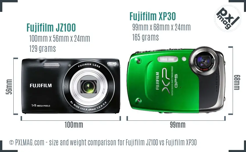 Fujifilm JZ100 vs Fujifilm XP30 size comparison