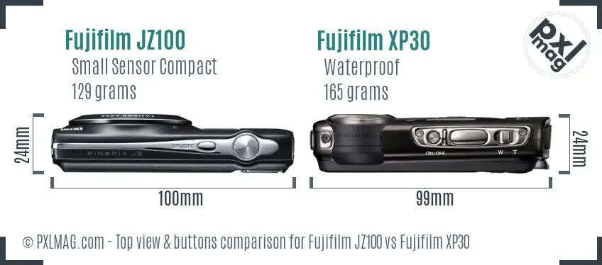 Fujifilm JZ100 vs Fujifilm XP30 top view buttons comparison