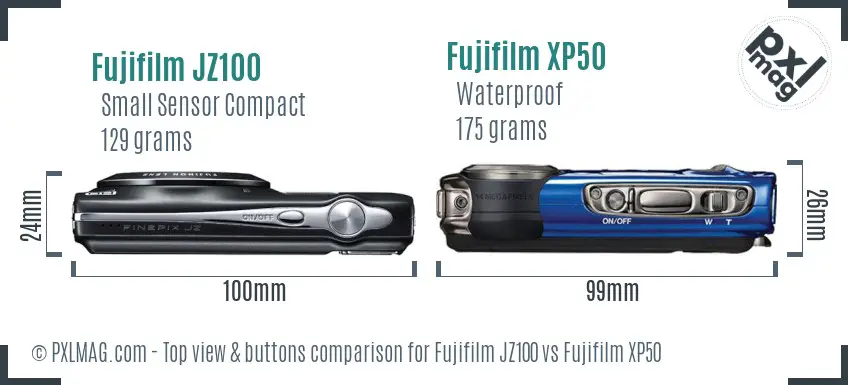 Fujifilm JZ100 vs Fujifilm XP50 top view buttons comparison