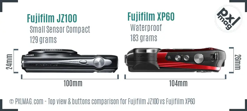 Fujifilm JZ100 vs Fujifilm XP60 top view buttons comparison