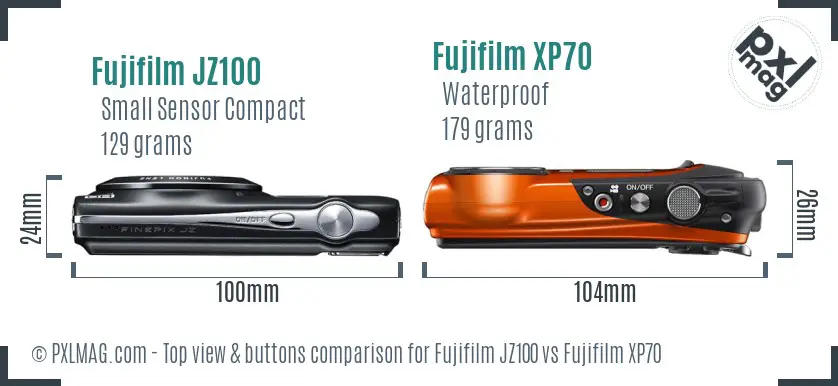 Fujifilm JZ100 vs Fujifilm XP70 top view buttons comparison