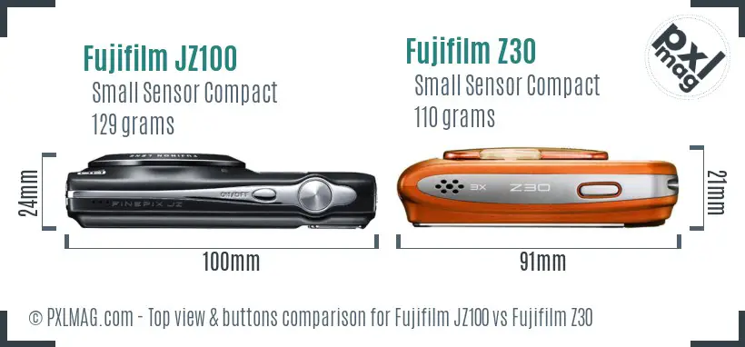 Fujifilm JZ100 vs Fujifilm Z30 top view buttons comparison