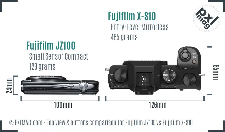 Fujifilm JZ100 vs Fujifilm X-S10 top view buttons comparison