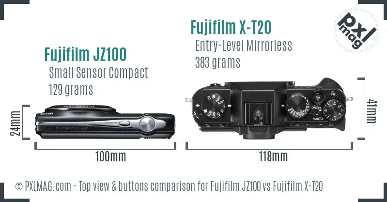 Fujifilm JZ100 vs Fujifilm X-T20 top view buttons comparison