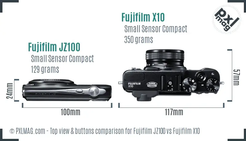Fujifilm JZ100 vs Fujifilm X10 top view buttons comparison