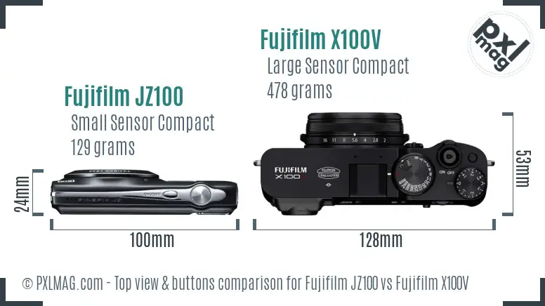 Fujifilm JZ100 vs Fujifilm X100V top view buttons comparison