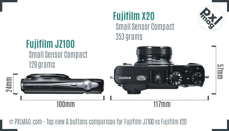 Fujifilm JZ100 vs Fujifilm X20 top view buttons comparison
