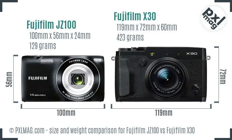 Fujifilm JZ100 vs Fujifilm X30 size comparison