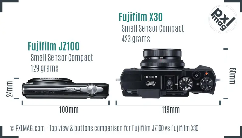 Fujifilm JZ100 vs Fujifilm X30 top view buttons comparison