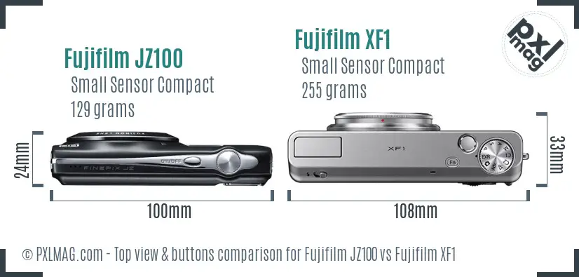 Fujifilm JZ100 vs Fujifilm XF1 top view buttons comparison