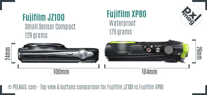 Fujifilm JZ100 vs Fujifilm XP80 top view buttons comparison