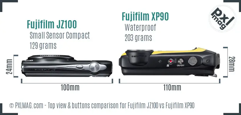 Fujifilm JZ100 vs Fujifilm XP90 top view buttons comparison